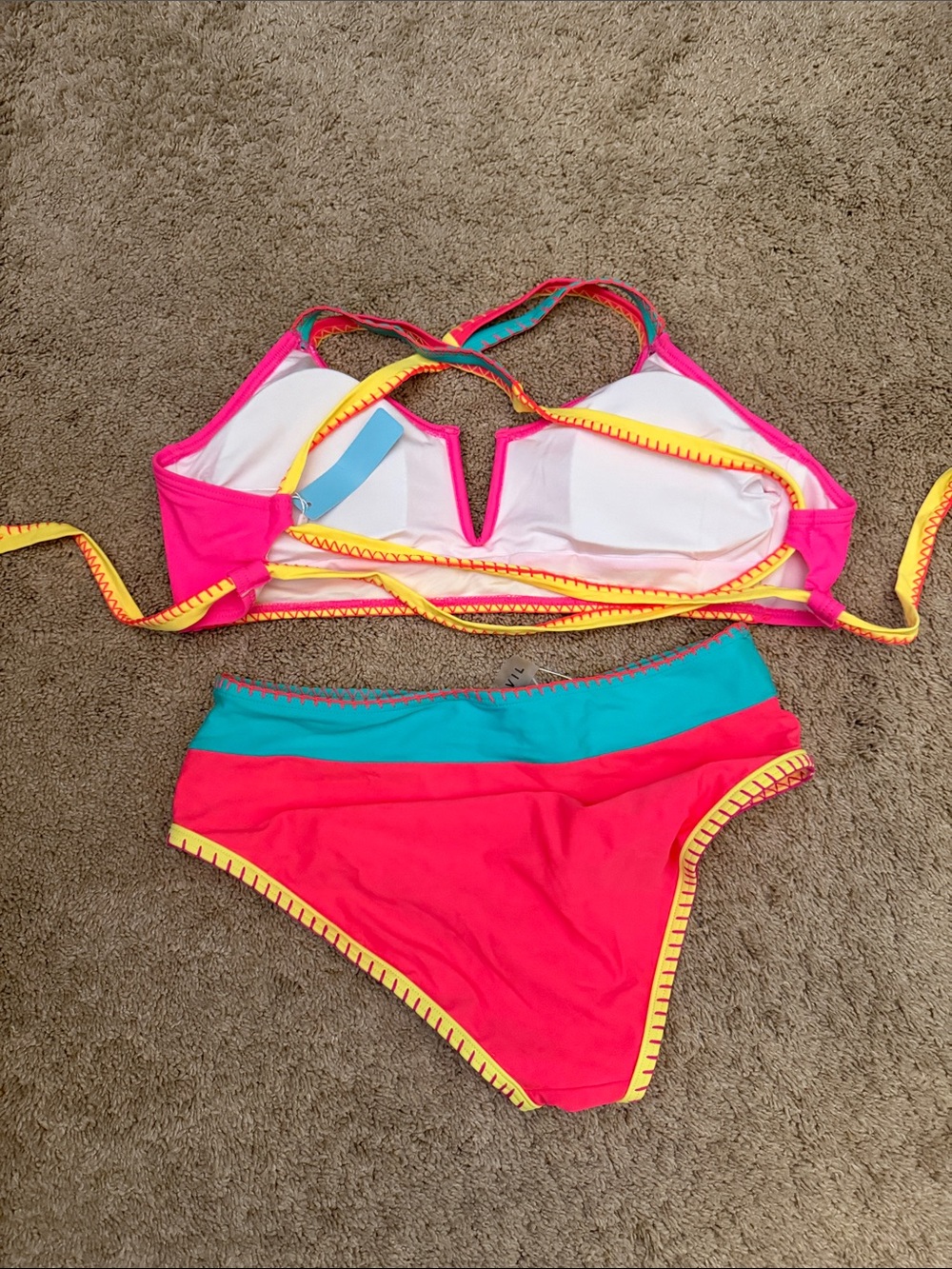 NWT Popvil Colorblocked High-Waist Bikini Set in Hot Pink & Teal - Picture 4 of 4